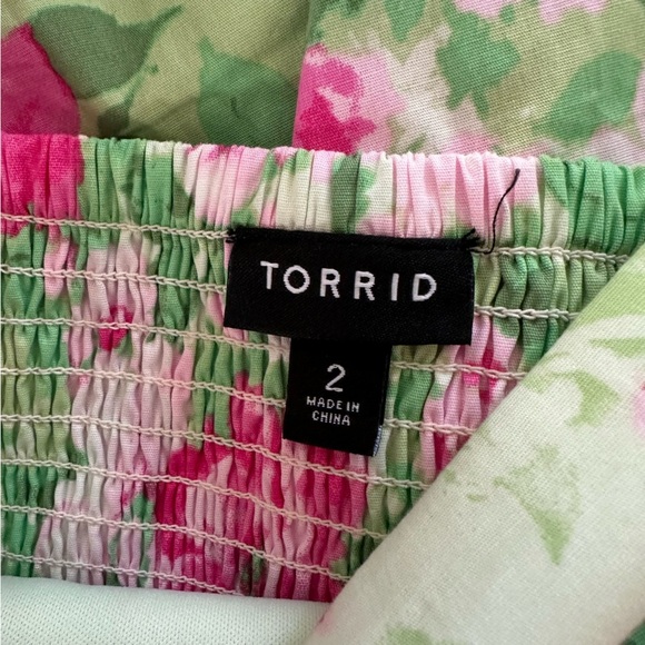 Torrid Womens 2 2X Green Pink Floral Poplin Cotton Ruffled Midi Dress - Picture 3 of 9